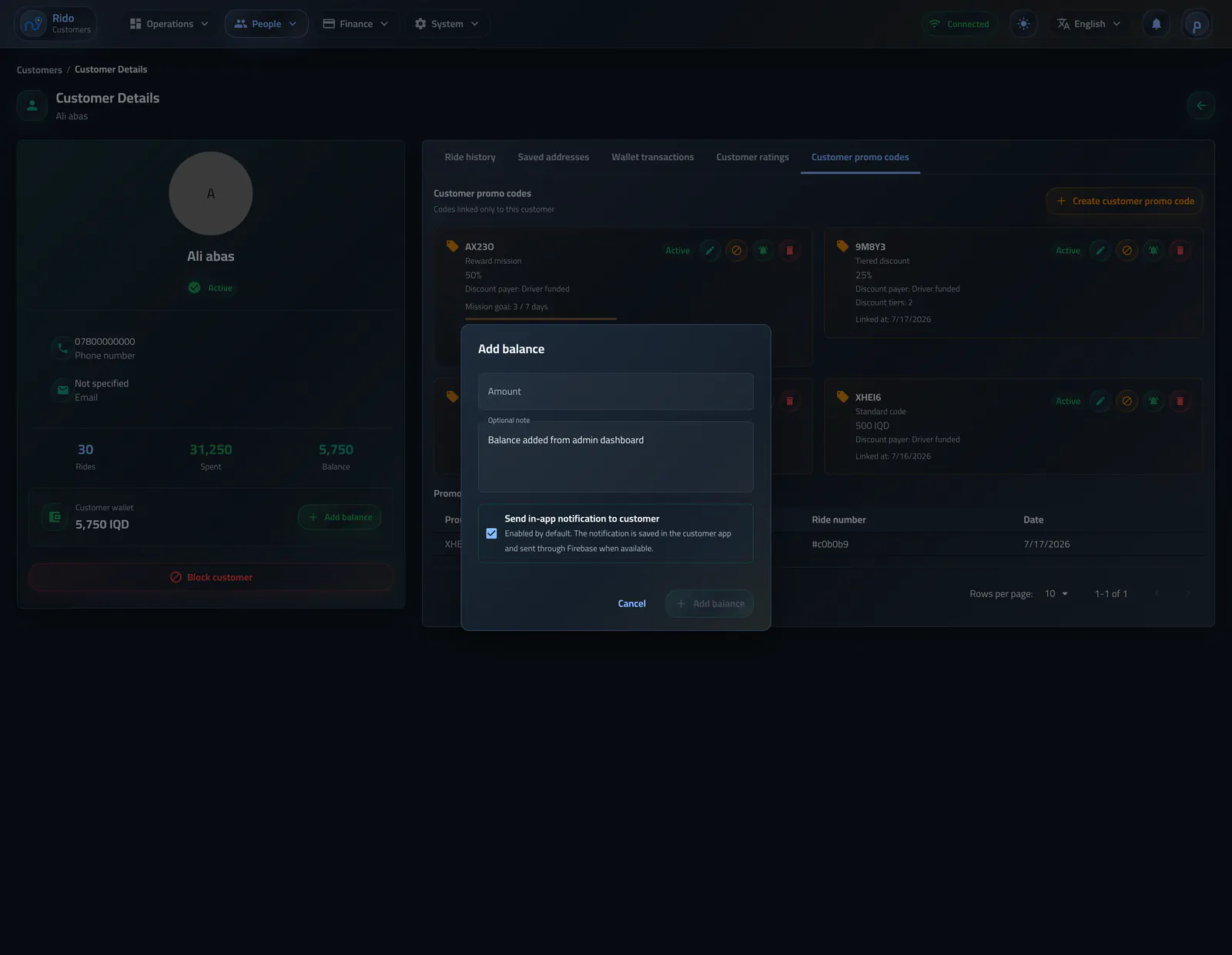 Add customer wallet balance