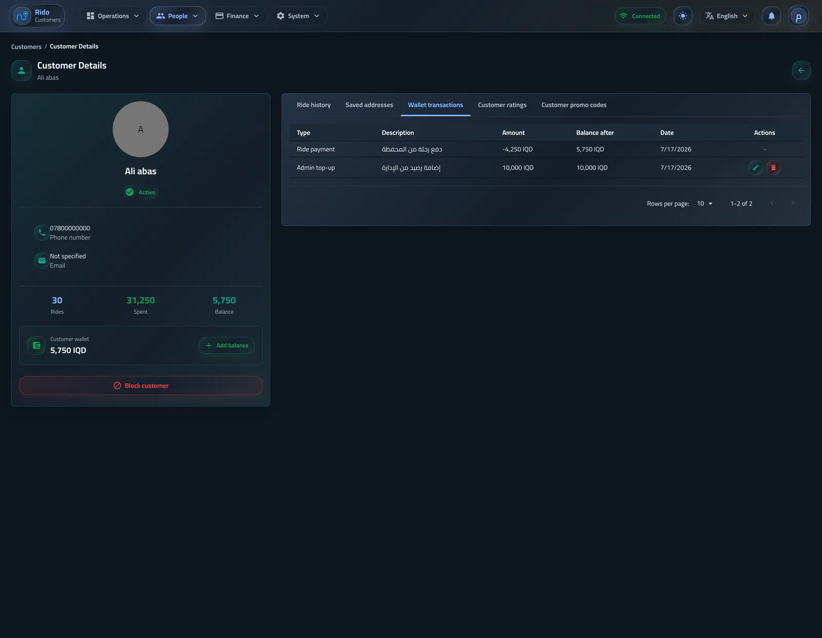 Customer wallet transactions