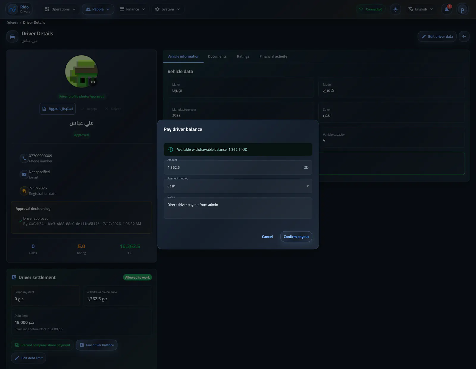 Pay a driver from a withdrawal notification